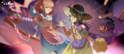  2girls absurdres angel_wings apple apron black_hat blue_dress blue_hair blue_hairband book bow bowtie chalice closed_mouth cup dress earphones flower food fruit gloves green_hair hair_flower hair_ornament hairband hat highres jiao_huashe komeiji_koishi komeiji_satori multiple_girls open_clothes open_vest pink_apron pink_eyes pink_hair puffy_short_sleeves puffy_sleeves purple_apron short_hair short_sleeves siblings sisters smile striped_sleeves third_eye touhou vest waist_apron wand white_bow white_bowtie white_gloves white_vest wings yellow_dress yellow_flower 