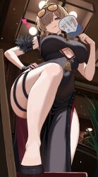  black_dress china_dress chinese_clothes clothing_cutout cutout_above_navel dress eyewear_on_head fingerless_gloves gaitoou gloves hair_over_one_eye hand_fan highres holding holding_fan pelvic_curtain single_fingerless_glove sunglasses sweety_(zenless_zone_zero) tinted_eyewear underboob_cutout yellow-tinted_eyewear zenless_zone_zero 