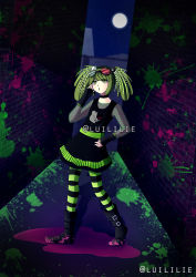 1girl alley alternate_costume alternate_hairstyle artist_name bear_hair_ornament black_boots black_choker black_dress black_hairband black_headband black_headwear blood blood_on_clothes blood_on_shoes boots child choker danganronpa_(series) danganronpa_another_episode:_ultra_despair_girls dress eyebrows eyewear_on_head female_focus fingerless_gloves fingernails fishnet_sleeves fishnets full_body glasses glasses_on_head gloves green_eyes green_hair green_legwear green_paint green_skirt hair_ornament hairband hand_on_own_cheek hand_on_own_face hand_on_own_head hand_on_own_hip hand_up headband highres long_hair looking_up luililie moon moonlight night night_sky paint_splatter pink_blood pool_of_blood round_eyewear scene signature skirt sky solo standing star_(sky) starry_sky striped_leggings towa_monaca twintails
