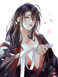  1boy alternate_hairstyle artist_request bishounen black_hair black_hanfu chinese_clothes collarbone commission cup earrings eyelashes falling_petals faux_traditional_media hair_between_eyes hair_ribbon hand_up hanfu highres holding holding_cup holding_ribbon implied_yaoi jewelry long_hair long_sleeves looking_at_viewer low-tied_long_hair male_focus modao_zushi parted_lips petals purple_eyes red_ribbon ribbon robe sakazuki second-party_source simple_background solo upper_body watercolor_effect wei_wuxian white_background white_ribbon wide_sleeves 