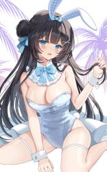  1girl animal_ears black_hair blue_eyes blue_leotard blush bow breasts cleavage commentary_request covered_navel detached_collar fake_animal_ears fishnet_thighhighs fishnets hair_bow hair_bun hair_ornament highres large_breasts leotard long_hair looking_at_viewer myusha open_mouth playboy_bunny rabbit_ears shirayuki_hina solo stellive thighhighs virtual_youtuber wrist_cuffs 