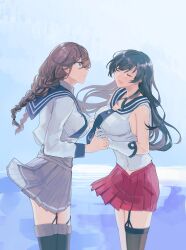  2girls absurdres agano_(kancolle) anchor_symbol black_hair black_sailor_collar black_thighhighs braid breasts brown_hair cleavage closed_eyes garter_straps gloves grey_skirt highres jacket kabe_(inunufuwafuwa) kantai_collection large_breasts long_hair long_sleeves multiple_girls noshiro_(kancolle) noshiro_kai_ni_(kancolle) open_mouth outdoors pleated_skirt red_skirt sailor_collar school_uniform serafuku single_garter_strap single_thighhigh skirt sleeveless thighhighs twin_braids white_gloves 