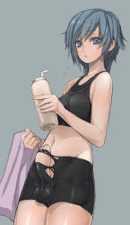  1futa bike_shorts blue_eyes blue_hair bottle breasts bulge copyright_request erection erection_under_clothes futanari highres matching_hair/eyes open_mouth penis precum short_hair simple_background solo sports_bra taishi_(picchiridou) testicles torn_clothes towel water_bottle  rating:Explicit score:154 user:xenoifsa