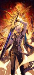  2boys alternate_form antenna_hair armor black_choker black_gloves black_pants black_shirt blonde_hair blue_cape blue_eyes cape choker coat commentary cracked_skin dual_persona english_commentary fingerless_gloves gloves hair_between_eyes halo halo_behind_head highres holding holding_sword holding_weapon honkai:_star_rail honkai_(series) male_focus multiple_boys pants parted_bangs pauldrons phainon_(honkai:_star_rail) phainon_(khaslana)_(honkai:_star_rail) sakon04 shirt short_hair shoulder_armor single_glove single_pauldron sword thigh_strap weapon white_coat white_hair yellow_eyes 