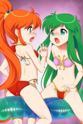  2girls armor ass ayanokouji_rem bare_shoulders between_thighs bikini bikini_armor blush breasts cameltoe caron_(rall) commission commissioner_upload crossover dream_hunter_rem eye_contact face-to-face frottage fugetsu_taku green_eyes green_hair groin highres holding_hands kneepits long_hair looking_at_another moaning multiple_girls navel open_mouth orange_hair pink_bikini ponytail red_bikini sf_choujigen_densetsu_rall skeb_commission small_breasts spread_legs straddling swimsuit tentacles thighs trait_connection very_long_hair 