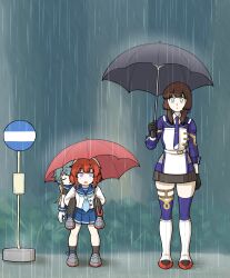  3girls absurdres black_gloves black_skirt blonde_hair blue_hair blue_hairband blue_neckerchief blue_sailor_collar blue_skirt blunt_sidelocks bob_cut braid brown_hair bus_stop carrying closed_eyes etorofu_(kancolle) freckles gloves gradient_hair green_eyes hairband hat height_difference highres holding holding_umbrella kantai_collection long_hair long_sleeves miniskirt mogador_(kancolle) multicolored_hair multiple_girls neckerchief necktie nemu_(nemurakka) outdoors piggyback pleated_skirt purple_necktie purple_thighhighs rain red_hair sado_(kancolle) sailor_collar sailor_hat school_uniform serafuku short_hair side_braid sidelocks skirt standing thighhighs tie_clip twin_braids umbrella white_gloves white_hat 