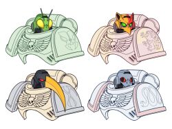  adeptus_astartes alternate_costume animal_ears armor bird black_armor blue_armor chumiicham commentary cropped_shoulders cropped_torso english_commentary fake_animal_ears fake_antennae fake_beak fake_nose green_armor green_eyes griffin helmet highres limited_palette orange_armor partially_colored pauldrons power_armor praying_mantis red_eyes science_fiction scythe shoulder_armor simple_background skull_print snake snake_print toucan tube upper_body warhammer_40k white_background wing_print yellow_eyes 
