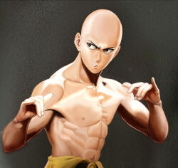  1boy bald black_eyes bruce_lee bruce_lee_(cosplay) closed_mouth commentary_request cosplay fingernails grey_background looking_afar male_focus muscular muscular_male nipples one-punch_man real_life saitama_(one-punch_man) solo taka_(takahirokun) topless_male upper_body v-shaped_eyebrows 