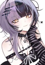  1girl arm_strap black_arm_warmers black_choker black_dress black_hair breasts choker cleavage dress grey_hair hair_ornament heart highres hololive hololive_english kairikei_(artist) long_hair looking_at_viewer multicolored_hair ribbon shiori_novella shiori_novella_(1st_costume) simple_background solo split-color_hair striped_arm_warmers two-tone_hair virtual_youtuber white_background white_ribbon yellow_eyes 