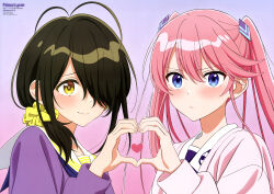  2girls absurdres antenna_hair artist_name black_hair blue_eyes blush cardigan closed_mouth copyright_name copyright_notice gradient_background hair_ornament hair_over_one_eye hair_over_shoulder hair_scrunchie hairpin heart heart_hands heart_hands_duo highres long_hair looking_at_viewer magazine_scan multiple_girls mutou_miki newtype official_art pink_cardigan pink_hair ponytail purple_cardigan scan school_uniform scrunchie shade shiunji-ke_no_kodomotachi shiunji_kotono shiunji_ouka siblings sidelocks sisters swept_bangs twintails yellow_eyes yellow_scrunchie 