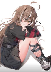  1girl absurdres ahoge arudi412 black_boots black_nails black_shirt black_skirt black_streaks boots brown_eyes brown_hair chestnut_mouth commentary commentary_request double-parted_bangs english_commentary fishnet_socks fishnets from_side hair_between_eyes hair_over_one_eye head_rest highres hololive hololive_english knees_up leg_warmers light_blush long_hair looking_at_viewer multicolored_boots multicolored_hair nanashi_mumei nanashi_mumei_(emo) platform_boots pleated_skirt shadow shirt sidelocks sitting skirt socks solo streaked_hair striped_sleeves thighs torn_clothes virtual_youtuber white_background white_streaks 