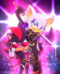  absurdres animal_ears bat_ears bat_girl bat_wings black_boots boots eyeshadow furry furry_female furry_male gloves hedgehog_boy highres la_wuchi makeup multicolored_hair rouge_the_bat shadow_the_hedgehog sonic_(series) sunglasses two-tone_hair white_fur wings 