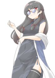  1girl akara_kai bespectacled black_dress black_hair black_thighhighs breasts china_dress chinese_clothes cowboy_shot dress glasses hair_ribbon highres isokaze_(kancolle) kantai_collection long_hair looking_at_viewer looking_over_eyewear pelvic_curtain red_eyes ribbon shawl solo sunglasses thighhighs tinted_eyewear white_background 