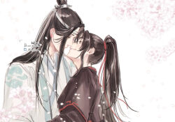  1010923 2boys bishounen black_hair black_hanfu blush branch cherry_blossoms chinese_clothes couple dated eye_contact face-to-face falling_petals flower grey_eyes hair_ribbon hanfu headband high_ponytail imminent_kiss lan_wangji long_hair long_sleeves looking_at_another male_focus modao_zushi multiple_boys open_mouth parted_lips petals pink_flower ponytail profile red_ribbon ribbon robe sidelocks smile topknot twitter_username upper_body watermark wei_wuxian white_background white_hanfu white_headband wide_sleeves xiao_guan_(headdress) yaoi 