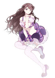  1girl absurdres aikatsu! aikatsu!_(series) argyle_clothes argyle_thighhighs bare_shoulders brown_hair bug butterfly circle_skirt crop_top detached_sleeves expressionless eyelashes floating_clothes floating_hair flower footwear_flower frilled_shirt frilled_skirt frilled_sleeves frills full_body grey_eyes hand_on_own_chin high_heels highres idol insect jakuri_(ar_tonelico) layered_skirt long_hair miniskirt morgue_(southsakura) parted_lips plaid_clothes plaid_skirt pleated_skirt puffy_short_sleeves puffy_sleeves pumps purple_flower purple_rose purple_shirt purple_shoes purple_skirt purple_sleeves purple_thighhighs red_ribbon ribbon ribs rose shibuki_ran shirt shoes short_sleeves simple_background sitting skirt sleeveless sleeveless_shirt solo swept_bangs thighhighs very_long_hair white_background white_skirt wristband 