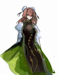  1girl bandaged_arm bandages black_ribbon black_tabard bun_cover chapannnnn closed_mouth cropped_legs determined dot_nose double_bun floral_print frilled_sleeves frills frown green_skirt hair_between_eyes hair_bun hair_ribbon highres ibaraki_kasen long_hair long_skirt looking_at_viewer loose_hair_strand pink_hair pleated_skirt puffy_short_sleeves puffy_sleeves red_eyes ribbon rose_print shirt short_sleeves simple_background skirt solo tabard touhou tsurime white_background white_shirt 