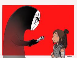  1girl armband black_eyes brown_hair cosplay energy_sword studio_ghibli ghost kaonashi kylo_ren_(cosplay) lightsaber mashup ogino_chihiro rey_(star_wars)_(cosplay) sen_to_chihiro_no_kamikakushi star_wars star_wars:_the_last_jedi studio_ghibli sword weapon 