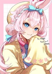  1girl :3 absurdres animal_ear_fluff animal_ears beret blue_eyes blue_hair blue_necktie blush braid commission hair_between_eyes hair_bun hand_on_own_cheek hand_on_own_face hat highres long_hair long_sleeves mokkupii multicolored_hair necktie original pink_hair rabbit_ears short_eyebrows skeb_commission sleeves_past_fingers sleeves_past_wrists solo streaked_hair suzuno_woto 