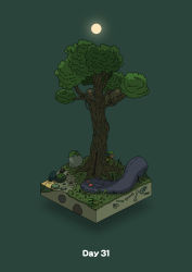 absurdres animal boulder commentary_request diorama full_moon gozz green_background highres in_tree isometric lying monkey moon mos night on_stomach original plant red_eyes sleeping tree vines rating:General score:2 user:danbooru