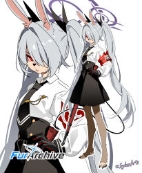  1girl absurdres animal_ears armband artist_name black_gloves black_nails black_necktie black_skirt black_tail blue_archive bolt_action brown_fur buck_teeth clip_studio_paint_(medium) commentary copyright_logo demon_tail english_commentary full_body furrification furry furry_female gloves grey_hair gun hair_over_one_eye hair_ribbon halo hand_on_own_hip highres holding holding_weapon iori_(blue_archive) long_hair long_sleeves mauser_98 necktie outline parted_lips purple_halo rabbit_ears rabbit_girl red_armband red_eyes ribbon rifle sharp_toenails shirt simple_background skirt solo sydus tail teeth toenails twintails twitter_username very_long_hair weapon white_background white_outline white_shirt zoom_layer  rating:Sensitive score:12 user:danbooru