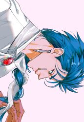 1boy absurdres blue_hair braid braided_ponytail braiding_hair brooch cigarette cu_chulainn_(caster)_(fgo_fes._2025)_(fate) earrings fate/grand_order fate_(series) gem hair_ribbon hairdressing highres jewelry long_hair looking_at_viewer male_focus maysy633 mouth_hold red_eyes red_gemstone ribbon sideways simple_background single_braid white_background 