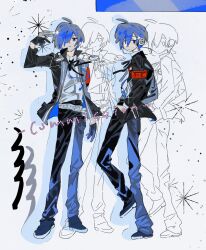  1boy armband black_gloves black_pants black_ribbon black_shoes blue_eyes blue_hair collared_shirt commission digital_media_player earphones evoker gekkoukan_high_school_uniform gloves gujijiwawa gun_to_head hair_between_eyes hair_over_one_eye highres holding holding_weapon jacket male_focus multiple_views neck_ribbon open_clothes open_jacket pants parted_lips persona persona_3 red_armband ribbon school_uniform shirt shoes simple_background standing weapon white_shirt yuuki_makoto_(persona_3) 