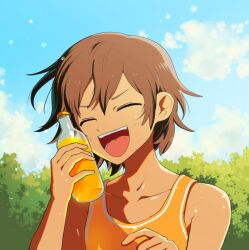  1boy blue_sky bottle brown_hair closed_eyes cloud collarbone dark-skinned_male dark_skin day double-parted_bangs g_tsurius glass_bottle holding holding_bottle kel_(faraway)_(omori) kel_(omori) male_focus omori open_mouth outdoors short_hair sky solo teeth tongue tree 