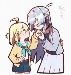  2girls ^^^ ahoge arm_behind_back belt belt_buckle black_choker black_ribbon black_shirt blonde_hair blue_neckerchief blue_shorts blush bowing braid brown_belt brown_eyes buckle choker closed_eyes collarbone cowboy_shot cropped_legs curled_fingers ear_blush face-to-face facing_another grey_hair grey_jacket hair_between_eyes hair_ribbon half_up_braid hand_up height_difference holding_hands jacket leaning_forward long_hair long_sleeves looking_at_another looking_up medium_hair motion_lines multiple_girls nabezoko_no_okoge neckerchief open_clothes open_jacket otori_michiru pleated_skirt profile ribbon shirt shirt_tucked_in shorts shoujo_kageki_revue_starlight shoujo_kageki_revue_starlight_-re_live- simple_background skirt smile translation_request twitter_username very_long_hair white_background white_shirt white_skirt wristband yellow_jacket yukishiro_akira yuri 