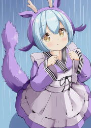  1girl apron blue_hair blue_kimono blush dragon_girl dragon_horns dragon_tail duel_monster eastern_dragon_horns frilled_apron frills gununu_elf hair_between_eyes highres horns japanese_clothes kimono laundry_dragonmaid long_sleeves maid maid_apron open_mouth short_hair short_twintails solo tail twintails wa_maid white_apron wide_sleeves yellow_eyes yu-gi-oh! 