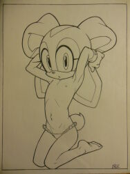  1girl animal_nose armpits arms_up artist_name barefoot bikini bikini_bottom_only border cream_the_rabbit feet female_focus flat_chest frilled_bikini frills furry furry_female gloves greyscale highres holding_ears johnston_blackhorse knees_together_feet_apart legs lineart loli long_animal_ears looking_at_viewer monochrome navel nipples rabbit_ears rabbit_girl rabbit_tail short_tail signature simple_background solo sonic_(series) stomach swimsuit tail thighs third-party_source topless_female traditional_media white_background  rating:Questionable score:30 user:AngryZapdos