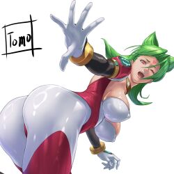  1girl animal_ears ass bloody_roar bodysuit breasts cat_ears covered_erect_nipples covered_navel english_text facial_mark forehead_mark gameplay_mechanics green_hair highres large_breasts long_hair looking_at_viewer nonomura_uriko one_eye_closed open_mouth orange_eyes parted_lips red_bodysuit tomo_eokaiteru torn_bodysuit torn_clothes two-tone_bodysuit white_bodysuit wince 