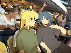  3girls 6+girls ahoge black_pants blonde_hair blue_hair bocchi_the_rock! detached_ahoge green_shirt grey_shirt hair_ornament hairclip highres ijichi_nijika long_hair machuuu68 medium_hair mole mole_under_eye multiple_girls open_mouth pants real_life red_eyes shirt short_sleeves side_ponytail sitting yamada_ryo yellow_eyes 