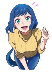 1girl :d aqua_eyes batta_16-sei blue_hair blue_pants blush breasts commentary cowboy_shot denim gundam gundam_build_fighters happy highres iori_rinko jeans leaning_forward long_hair looking_at_viewer low_ponytail mature_female medium_breasts open_mouth pants ponytail ribbed_sweater signature simple_background smile solo standing sweater swept_bangs teeth thigh_gap tongue turtleneck turtleneck_sweater white_background yellow_sweater rating:General score:52 user:danbooru