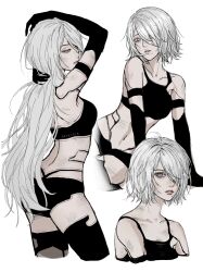  1girl a2_(nier:automata) absurdres android artelsia artist_name black_gloves black_shorts black_sports_bra blue_eyes bob_cut breasts collarbone cropped_legs dirty dirty_face elbow_gloves gloves hair_over_one_eye highres long_hair looking_at_viewer looking_back medium_breasts mole mole_under_mouth multiple_views navel nier:automata nier_(series) short_hair short_shorts shorts simple_background solo sports_bra very_long_hair white_background white_hair 