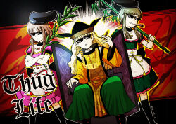  3girls apron baboon black_boots black_bow black_hat black_socks blonde_hair boots bow brown_hair capelet chain cigarette commentary_request deal_with_it_(meme) dress frilled_apron frilled_capelet frilled_dress frills gobgokao gold_chain green_dress green_hair green_skirt hat hidden_star_in_four_seasons highres kneehighs long_hair marijuana matara_okina meme multiple_girls myouga_(plant) nishida_satono open_mouth orange_sleeves orange_tabard pink_dress puffy_short_sleeves puffy_sleeves red_bow red_ribbon ribbon shirt short_hair_with_long_locks short_sleeves sitting skirt socks standing sunglasses tabard tate_eboshi teireida_mai thug_life touhou v-shaped_eyebrows waist_apron wavy_hair white_shirt yellow_bow yellow_ribbon 