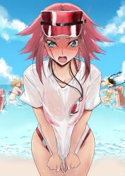  5girls ball beach beachball bikini blonde_hair blue_eyes blush breasts budgiepon code_geass collarbone embarrassed euphemia_li_britannia jewelry kouzuki_kallen large_breasts long_hair medium_hair milly_ashford multiple_girls necklace nina_einstein ocean open_mouth parted_bangs pink_hair red_hair shirley_fenette shirt swimsuit visor_cap water wet wet_clothes wet_shirt 