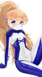 1girl absurdres biometal blonde_hair blue_eyes bodystocking breasts cameltoe ciel_(mega_man) commission commissioner_upload covered_erect_nipples covered_navel eyelashes fauron714 highres leaning_back light_blush light_smile long_bangs long_hair looking_at_viewer mechanical_ears mega_man_(series) mega_man_zero_(series) mega_man_zx model_z_(mega_man) no_armor no_headwear non-web_source petite ponytail sitting small_breasts thighs transparent_background 