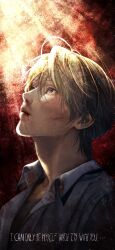  1boy blonde_hair cirrus_baek collared_shirt commentary_request english_text grey_shirt korean_commentary lips looking_up lost_in_the_cloud male_focus mixed-language_commentary nose shirt solo upper_body white_shirt zaos_art 