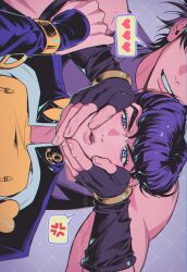  2boys anchor_ornament anger_vein battle_tendency black_gloves blue_eyes bracelet cheek_squash coat commentary diamond_wa_kudakenai father_and_son fingerless_gloves gakuran gloves hand_on_another&#039;s_hand hands_on_another&#039;s_cheeks hands_on_another&#039;s_face heart heart_ornament higashikata_josuke high_collar highres jewelry jojo_no_kimyou_na_bouken joseph_joestar joseph_joestar_(young) male_focus multiple_boys muscular muscular_male pompadour purple_coat purple_hair purple_shirt rkznfksthsus school_uniform shirt sideways sleeveless sleeveless_shirt smile speech_bubble spoken_anger_vein spoken_heart symbol-only_commentary time_paradox yellow_shirt 
