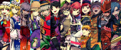  6+girls animal_ears animal_print ascot back_bow baggy_pants bandana bare_shoulders barefoot belt black-framed_eyewear black_belt black_choker black_dress black_hair black_hat black_shirt black_skirt black_thighhighs blonde_hair blue_background blue_dress blue_tabard blush bow bowtie brown_dress brown_eyes brown_hair brown_hat brown_shirt brown_skirt buttons chain checkered_clothes checkered_shirt choker closed_mouth clothes_writing collarbone collared_shirt commentary_request constellation_print cowboy_hat cowboy_shot crescent crescent_print crystal_wings dalachi_(headdress) diamond_button dress drum energy evil_smile fangs fire flandre_scarlet floral_print fox_ears fox_girl fox_tail frills frog_print from_side fujiwara_no_mokou futatsuiwa_mamizou glasses gold_chain green_eyes green_hair green_skirt grey_bow grey_eyes grey_hair hair_between_eyes hair_bow hair_ribbon hand_up hands_in_opposite_sleeves hat hat_ribbon heart heart_print hecatia_lapislazuli himemushi_momoyo holding holding_polearm holding_weapon horikawa_raiko houjuu_nue instrument jacket junko_(touhou) komeiji_koishi kurokoma_saki laevatein_(touhou) lapels leaf leaf_on_head long_hair long_sleeves looking_at_viewer mandarin_collar matara_okina medium_hair meimaru_inuchiyo mob_cap moon moriya_suwako multicolored_dress multicolored_wings multiple_girls multiple_tails neck_ribbon necktie off-shoulder_dress off-shoulder_shirt off_shoulder ofuda open_clothes open_jacket open_mouth orange_bow orange_hair orange_tabard pants parted_bangs phoenix_print pink_dress plaid_clothes plaid_dress polearm puffy_short_sleeves puffy_sleeves purple_background purple_necktie purple_skirt purple_vest raccoon_ears raccoon_girl raccoon_tail red_background red_bow red_bowtie red_eyes red_hair red_pants red_ribbon red_skirt red_tabard red_vest ribbon rose_print round_eyewear sharp_teeth shirt short_hair short_sleeves sidelocks sitting skirt skirt_set smile spear stage_connection standing suspenders t-shirt tabard tail teeth thighhighs third_eye tomoe_(symbol) tongue tongue_out touhou tress_ribbon turtleneck underworld_(ornament) upper_body v-shaped_eyebrows vest wavy_hair weapon white_bandana white_dress white_hat white_jacket white_shirt white_skirt wide_sleeves window wings yakumo_ran yellow_ascot yellow_eyes yellow_ribbon yellow_shirt 