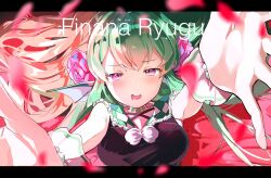  1girl bars blurry blush breasts character_name commentary depth_of_field drooling english_commentary falling_petals finana_ryugu finana_ryugu_(1st_costume) fins flower foreshortening green_hair hair_flower hair_ornament half-closed_eyes head_fins highres letterboxed long_hair looking_at_viewer lying medium_breasts mouth_drool nijisanji nijisanji_en on_back open_mouth petals purple_eyes reaching reaching_towards_viewer scales solo virtual_youtuber yujirou_39 