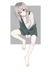  1girl barefoot bra_strap closed_mouth full_body girls_band_cry green_jacket grey_hair head_tilt highres invisible_chair jacket kawaragi_momoka long_hair long_sleeves looking_at_viewer oekakikujira off_shoulder shirt sidelocks sitting smile solo toes v-shaped_eyebrows v_arms white_shirt 
