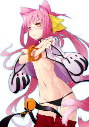  1girl :&lt; animal_ears blazblue blush glasses kokonoe_(blazblue) midriff panties pants pince-nez pink_hair red_pants ribs underwear undressing yamane_akira 