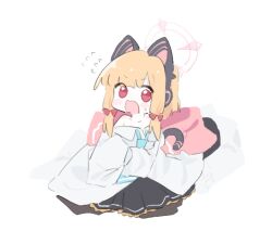  1girl animal_ear_headphones animal_ears blue_archive blue_necktie blush bow cat_ear_headphones commentary fake_animal_ears fake_tail flying_sweatdrops gorokara halo headphones looking_at_viewer momoi_(blue_archive) necktie open_mouth oversized_clothes oversized_shirt pink_bow pink_eyes pink_halo pleated_skirt red_bow red_eyes shirt simple_background skirt solo surprised tail v-shaped_eyebrows white_background 