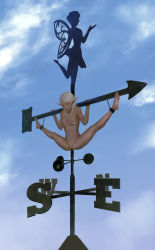 1girl anemometer arrow_(symbol) barefoot bdsm bondage bound censored cloud completely_nude dark_skin fairy forniphilia full_body highres human_furniture ikelag long_pointy_ears mini_person minigirl mosaic_censoring nipples nude object_insertion outdoors pointy_ears sky spread_legs vaginal vaginal_object_insertion weather_vane white_hair rating:Explicit score:127 user:kikika