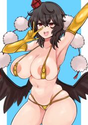  1girl areola_slip arm_up armpits bikini black_hair black_wings breasts cleavage commentary covered_erect_nipples cowboy_shot elbow_gloves feathered_wings gloves gold_bikini gold_gloves hand_up hat highres large_breasts looking_at_viewer medium_hair navel open_mouth pom_pom_(clothes) red_eyes red_hat shameimaru_aya skindentation smile solo swimsuit teeth tilted_headwear tokin_hat touhou upper_teeth_only v v-shaped_eyebrows washiwa wings 