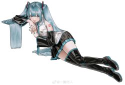  1girl aqua_eyes aqua_hair aqua_nails aqua_necktie aqua_trim arm_tattoo bare_shoulders black_boots black_skirt black_sleeves boots collared_shirt colored_shoe_soles detached_sleeves full_body hair_ornament hatsune_miku highres light_smile long_hair long_sleeves looking_at_viewer miniskirt nail_polish necktie nizuma number_tattoo own_hands_clasped own_hands_together pleated_skirt shirt sidelocks simple_background skirt sleeveless sleeveless_shirt solo tattoo thigh_boots thighhighs tie_clip twintails very_long_hair vocaloid watermark weibo_username weibo_watermark white_background wide_sleeves zettai_ryouiki 