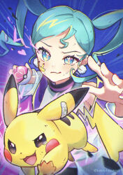  2girls animal_ears aqua_hair bandaid bandaid_on_cheek bandaid_on_face blue_eyes blush closed_mouth detached_sleeves earrings gen_1_pokemon hatsune_miku heart heart_in_eye highres holding holding_poke_ball jewelry long_hair long_sleeves love_ball mouse_ears mouse_tail multiple_girls nintendo official_alternate_costume official_alternate_hairstyle open_mouth pikachu pink_nails poke_ball pokemon pokemon_(creature) project_voltage simple_background smile suama_(haruichi) symbol_in_eye tail tears twintails twitter_username vocaloid volt_tackle_(vocaloid) wide_sleeves 