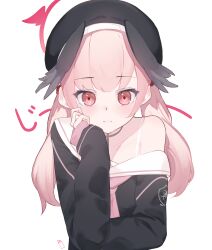 1girl beret black_hat black_serafuku black_wings blue_archive bra_strap closed_mouth commentary_request feathered_wings grey_wings halo hand_on_own_cheek hand_on_own_face hat head_rest head_wings highres koharu_(blue_archive) light_blush light_frown long_hair long_sleeves looking_at_viewer neckerchief off_shoulder partial_commentary pink_eyes pink_hair pink_halo pink_neckerchief sailor_collar school_uniform serafuku simple_background single_bare_shoulder sleeves_past_wrists solo split_mouth straight-on tachibana_shiori_(suica_112) translated twintails white_background white_sailor_collar winged_hat wings rating:Sensitive score:10 user:danbooru