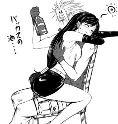  1990s_(style) 1boy 1girl bottle chair cloud_strife elbow_gloves closed_eyes final_fantasy final_fantasy_vii gloves hetero hug long_hair low-tied_long_hair retro_artstyle sitting sitting_on_person skirt smile straddling suta_furachina tifa_lockhart upright_straddle 
